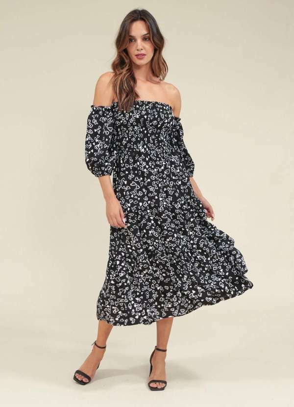 Pop Me - Vestido Viscose Midi Manga 7/8 Estampada Lover Preto