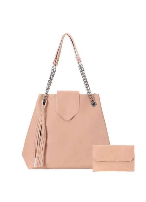 Damers - Kit Bolsa Saco Feminina Alca Corrente e Carteira Casual Nude