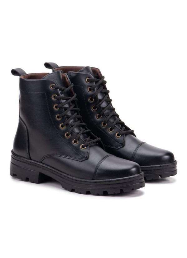 Damers - Bota Coturno Feminina Couro Cadarco Solado Tratorado Casual Preto