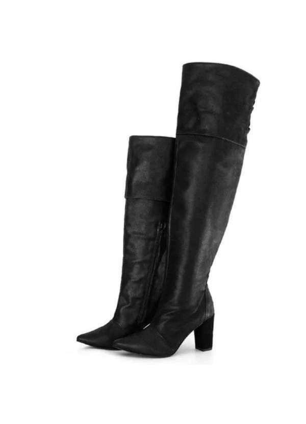 Damers - Bota Feminina Cano Alto Bico Fino Salto Grosso Casual Preto