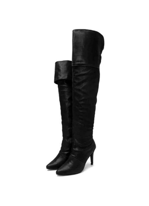 Damers - Bota Feminina Cano Alto Salto Bico Fino Casual Moderna Preto