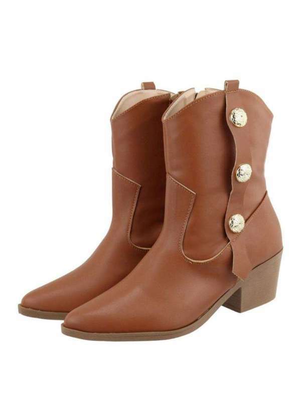 Damers - Bota Feminina Cano Medio Broche Bico Fino Salto Baixo Marrom