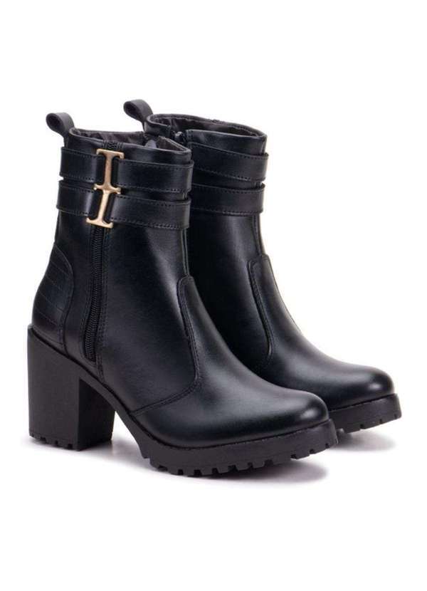 Damers - Bota Feminina Couro Cano Curto Salto Alto Solado Tratorado Preto