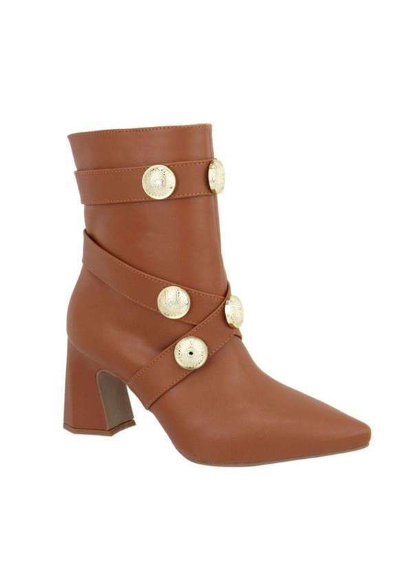 Damers - Bota Feminina Salto Grosso Cano Medio Broche Bico Fino Marrom