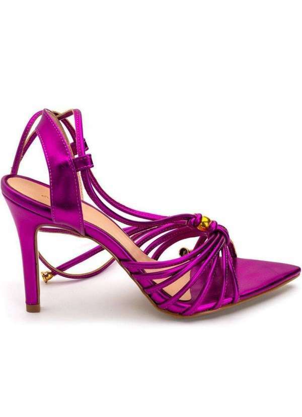 Damers - Sandalia Couro Feminina Salto Fino Tiras Metalizado Moda Roxo