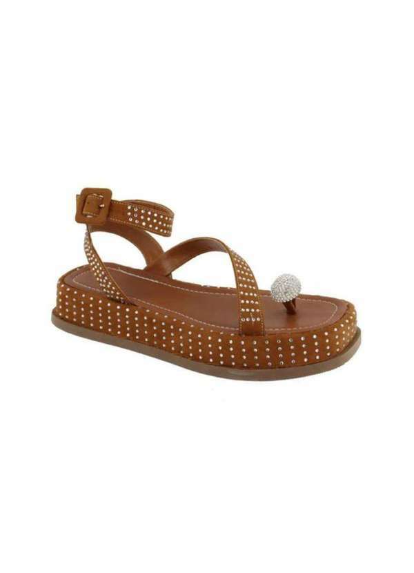 Damers - Sandalia Papete Feminina Couro Flat Plataforma Strass Marrom