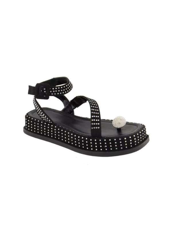 Damers - Sandalia Papete Feminina Couro Flat Plataforma Strass Preto