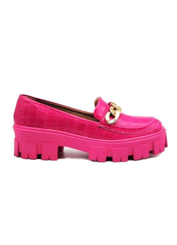 Damers - Mocassim Feminino Tratorado Salto Baixo Corrente Rosa