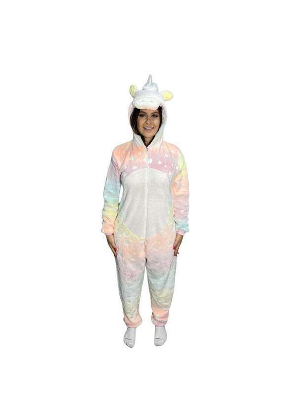 Cia da Malha - Macacao Fleece Adulto Unicornio Brilha no Escuro Coracao Multicores