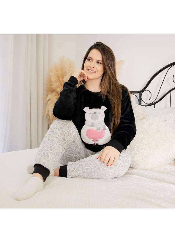 Cia da Malha - Pijama Inverno Feminino Adulto Fleece Preto