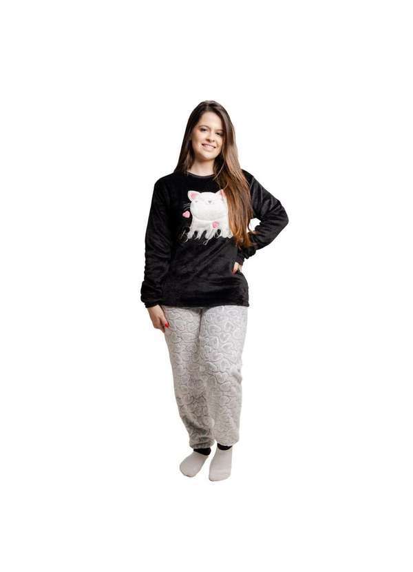 Cia da Malha - Pijama Inverno Feminino Adulto Fleece Preto