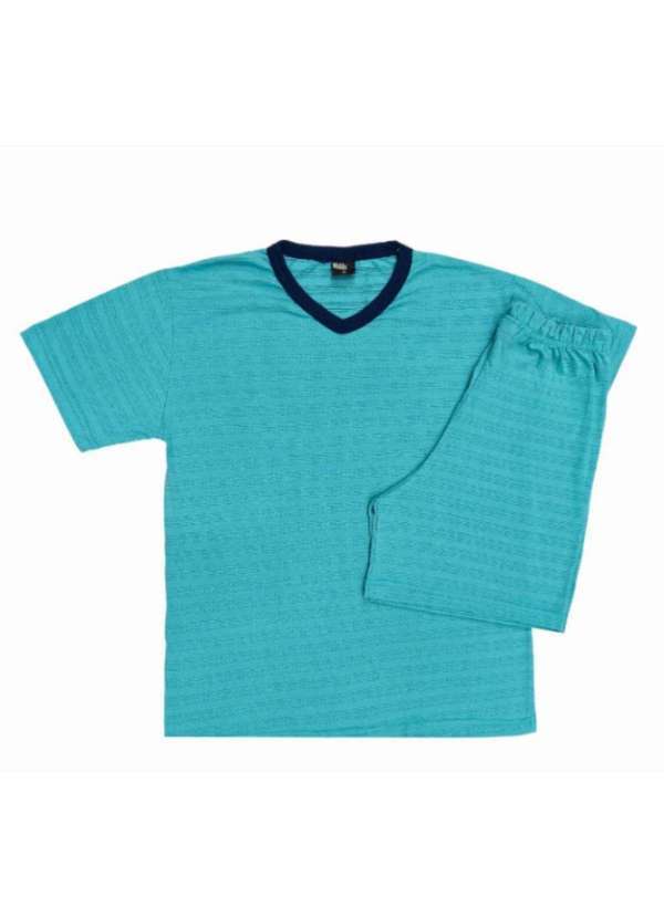 Cia da Malha - Pijama Verao Masculino Adulto Gola V Azul
