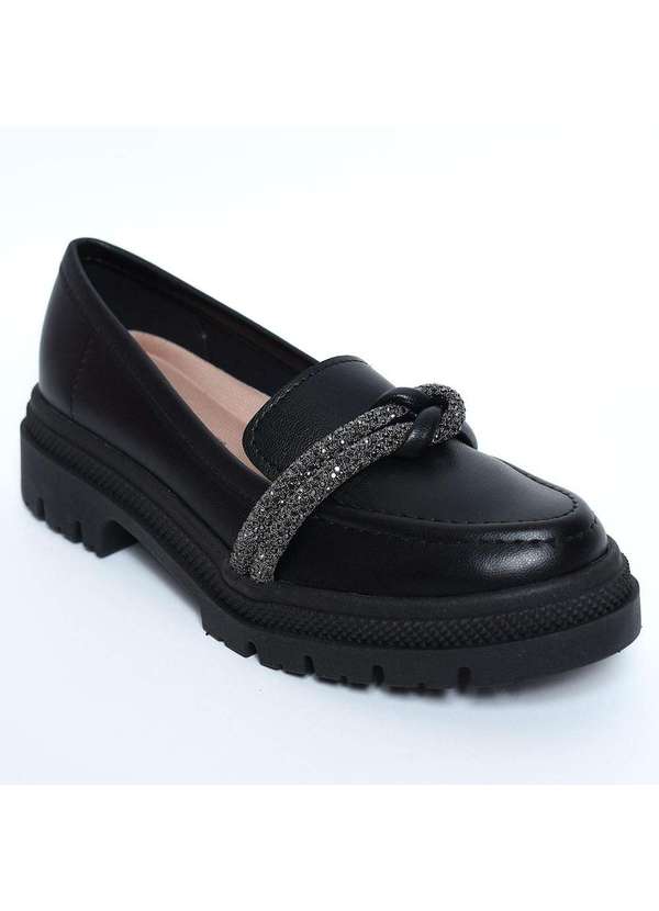 Moleca - Mocassim Moleca Tira Strass Tratorado Feminino Preto