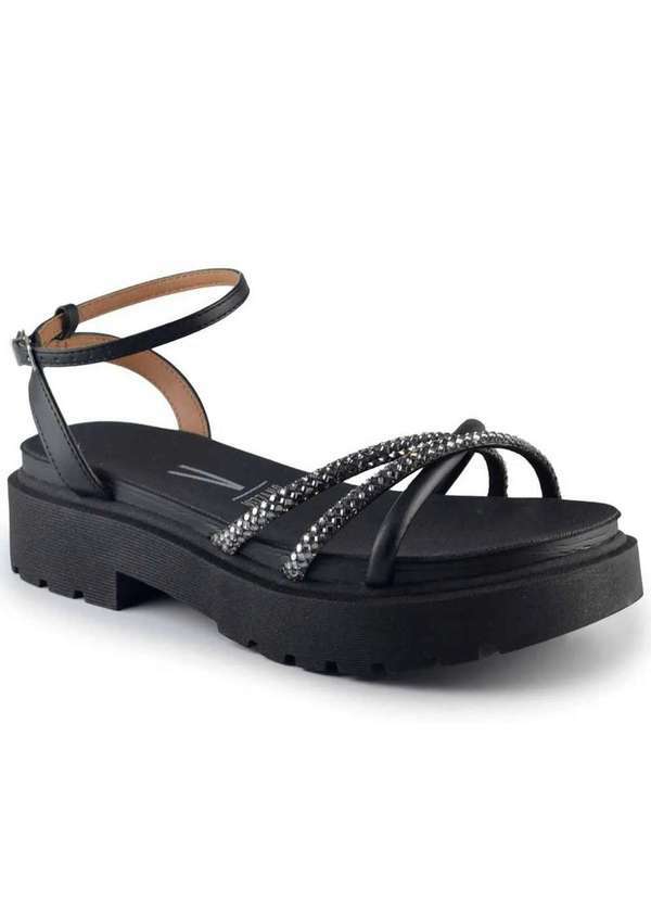 Vizzano - Papete Vizzano Flatform Tiras Strass Feminina-Preto Preto