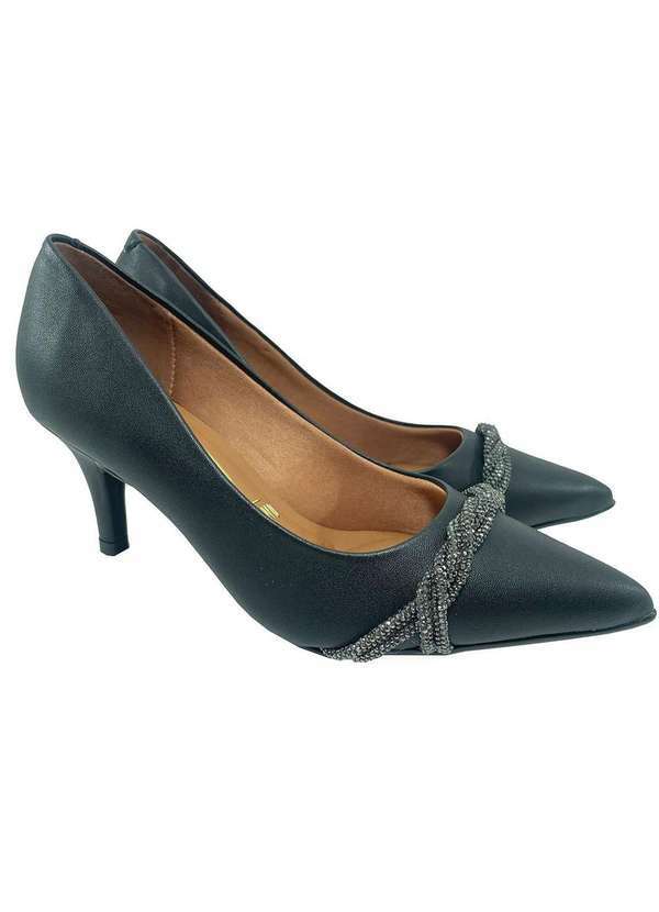 Vizzano - Scarpin Vizzano Enfeite Tira Strass Salto Medio - Preto Preto
