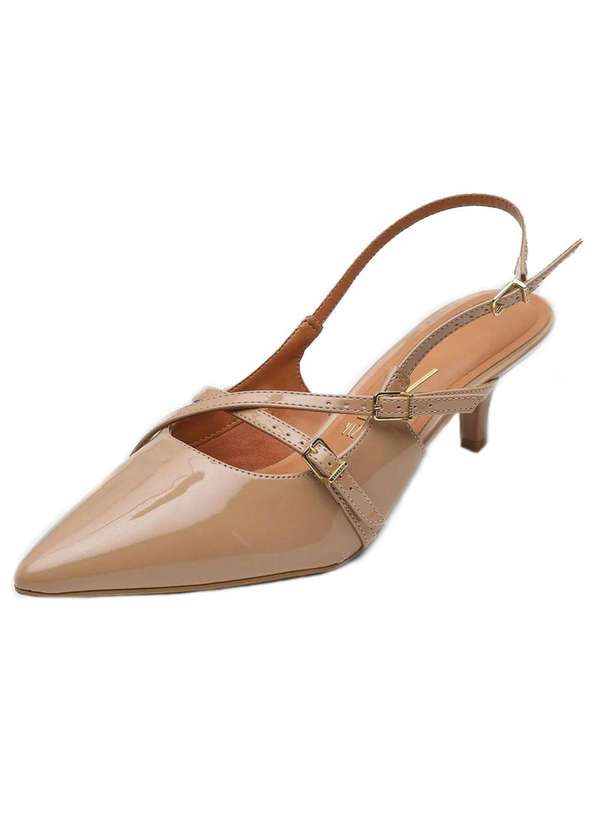 Vizzano - Scarpin Vizzano Slingback Salto Fino Baixo Verniz Bege
