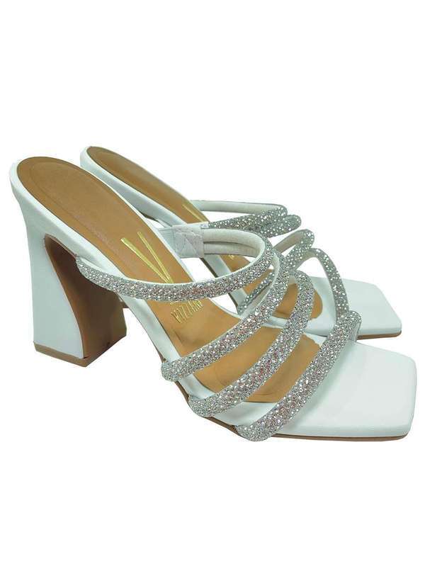 Vizzano - Tamanco Vizzano Tiras Strass Salto Alto Feminino Branco