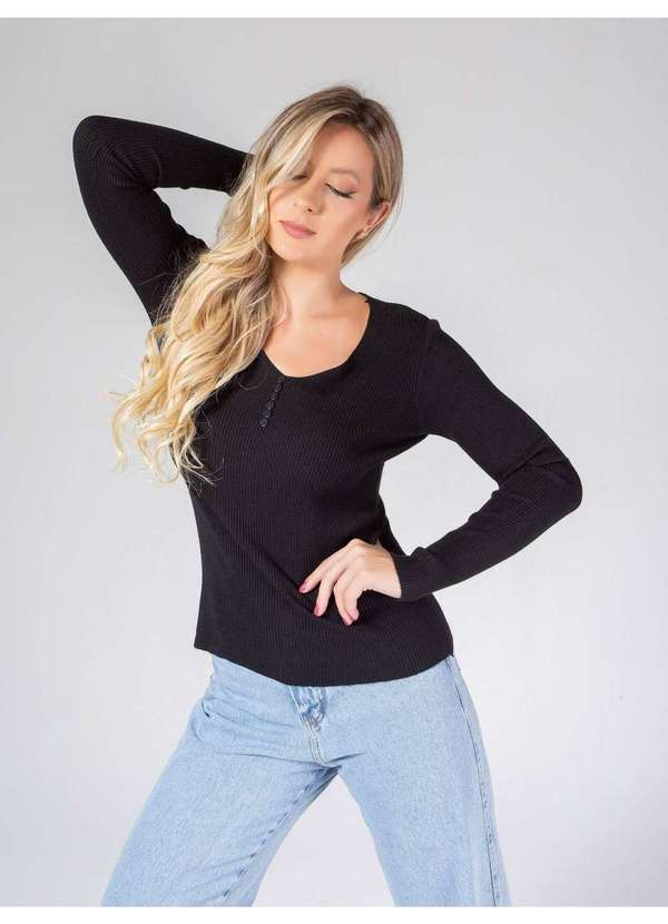 Susie Modas - Blusa Modal Decote Botão Feminino Preto