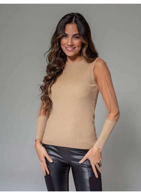Susie Modas - Blusa Modal Manga Tule Feminina Bege