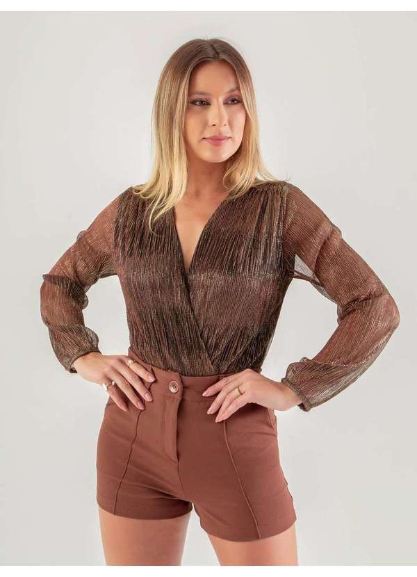 Susie Modas - Body Tule Lurex Plissado Feminino Dourado