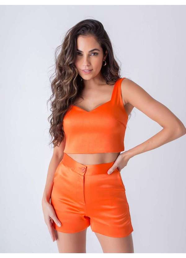 Susie Modas - Conjunto Acetinado Top e Short Feminino Laranja