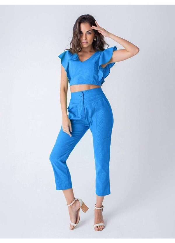 Susie Modas - Conjunto Cropped Godê e Calça Cigarrete Feminino Azul