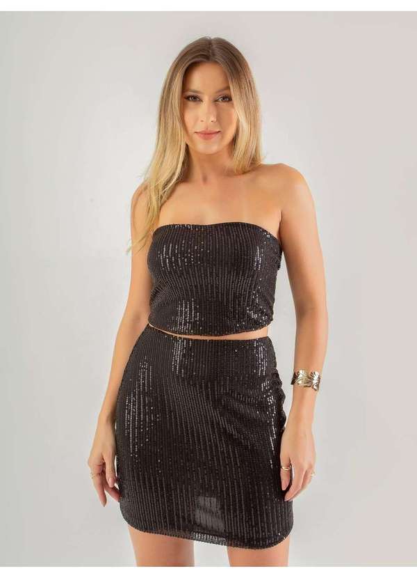 Susie Modas - Conjunto Top e Saia Paetê Feminino Preto