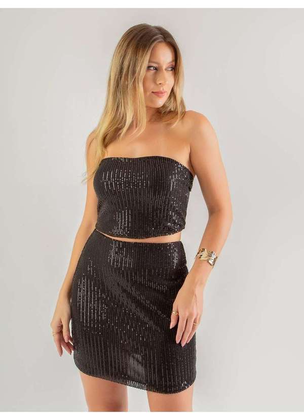 Susie Modas - Conjunto Top e Saia Paetê Feminino Preto 4