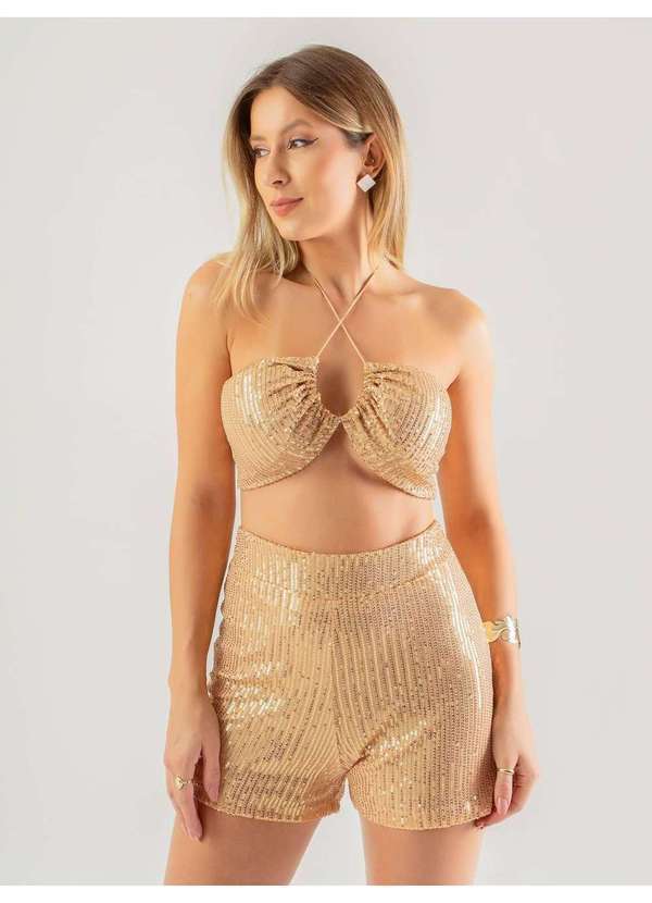 Susie Modas - Conjunto Top e Shorts Paetê Feminino Dourado