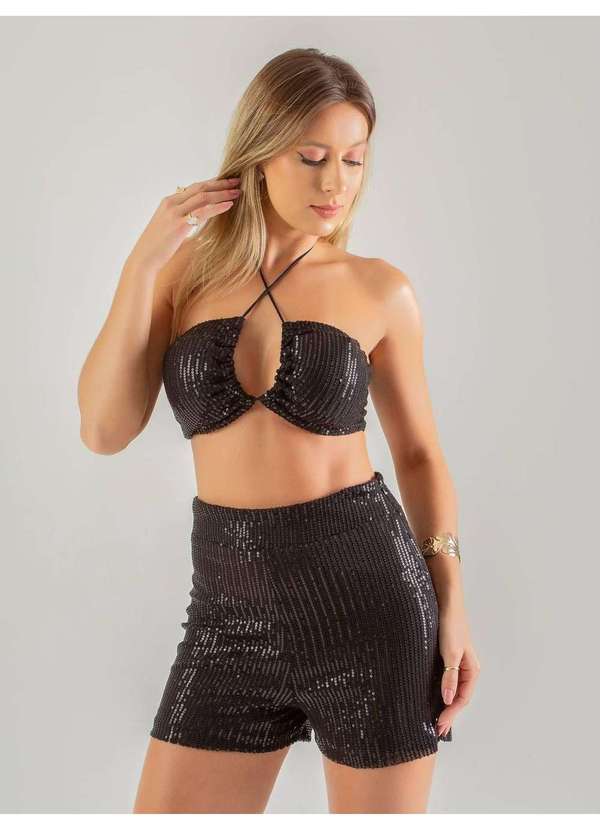Susie Modas - Conjunto Top e Shorts Paetê Feminino Preto