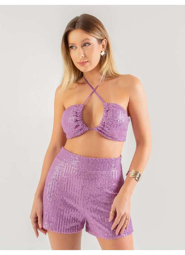 Susie Modas - Conjunto Top e Shorts Paetê Feminino Roxo