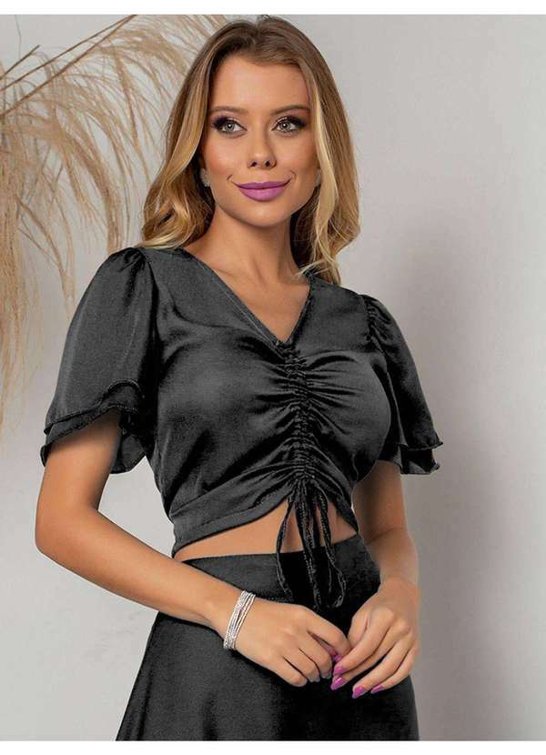 Susie Modas - Cropped Chiffon Franzido Feminino Preto