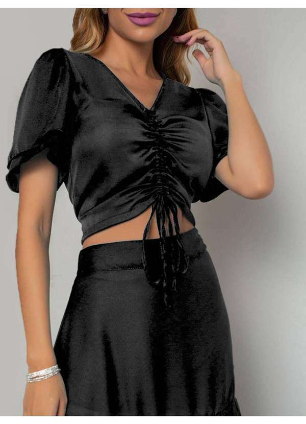 Susie Modas - Cropped Chiffon Franzido Feminino Preto 3