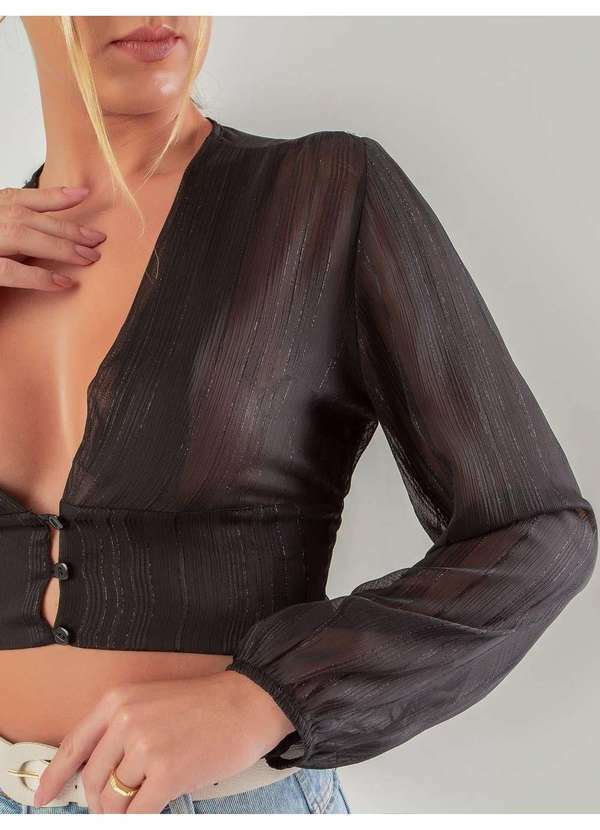 Susie Modas - Cropped Chiffon Metalizado Feminino Preto 3