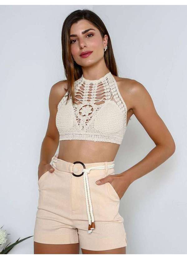 Susie Modas - Cropped Croche Frente Única Feminina Bege