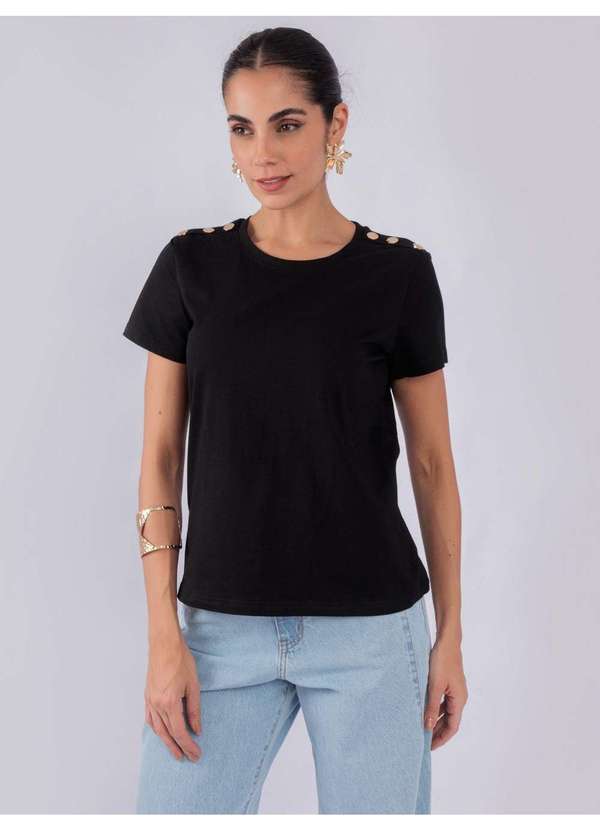 Susie Modas - T-Shirt Aplicação Metalica Ombro Preto