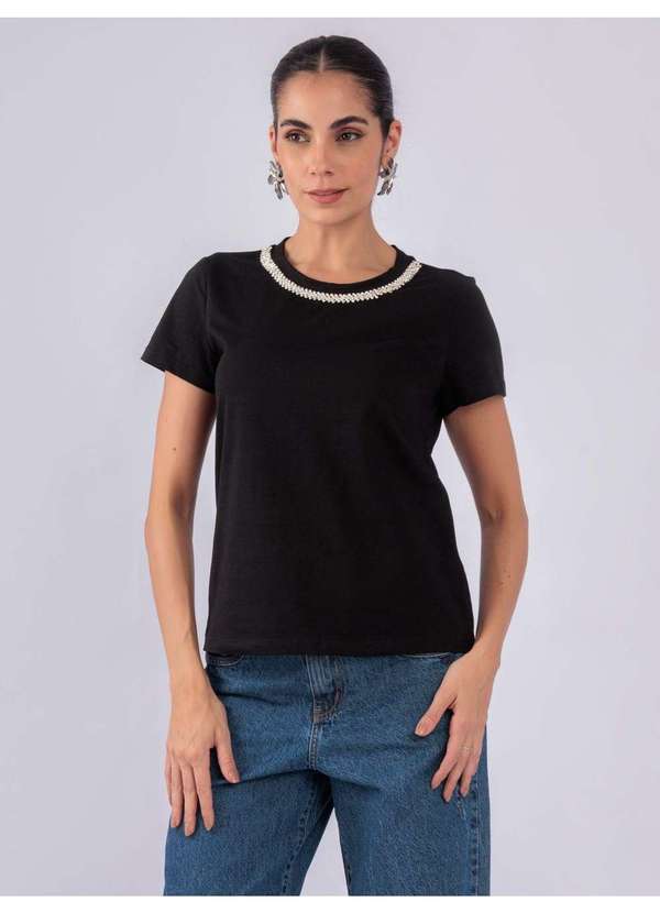 Susie Modas - T-Shirt Gola Strass Preto