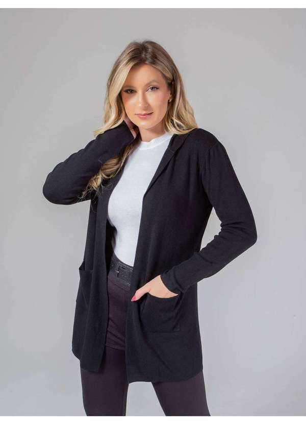 Susie Modas - Cardigan Médio com Capuz Feminino Preto