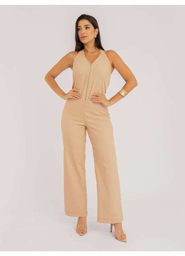 Susie Modas - Macacão Susie Pantalona Jeans Feminino Bege