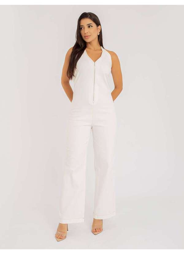 Susie Modas - Macacão Susie Pantalona Jeans Feminino Branco