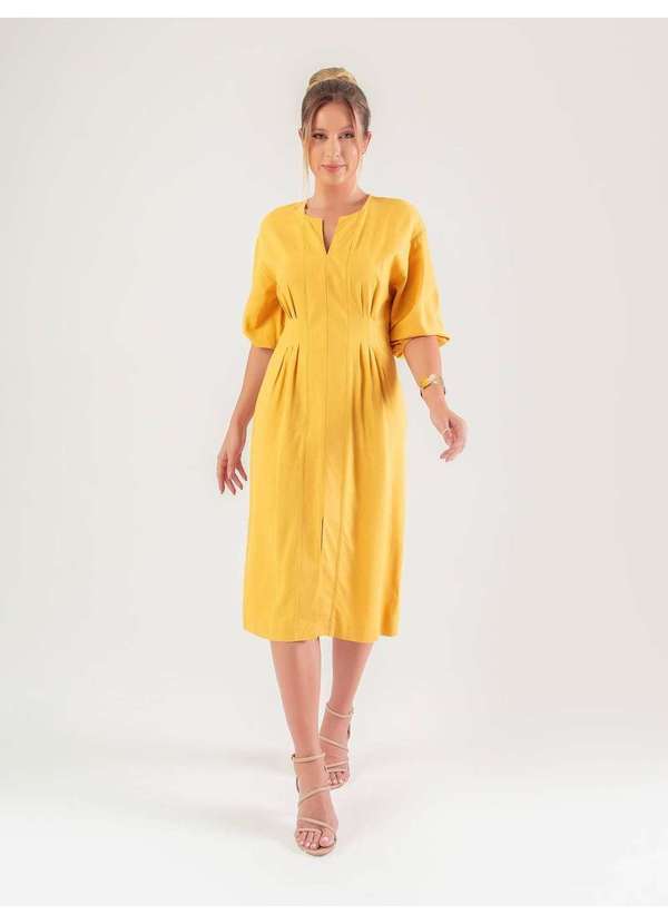 Susie Modas - Vestido Midi Manga 3/4 Feminino Amarelo