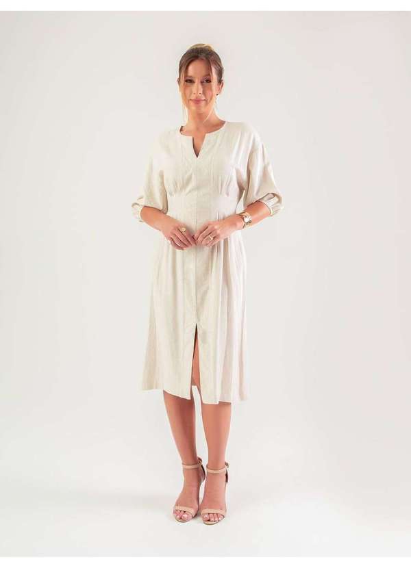 Susie Modas - Vestido Midi Manga 3/4 Feminino Bege 5