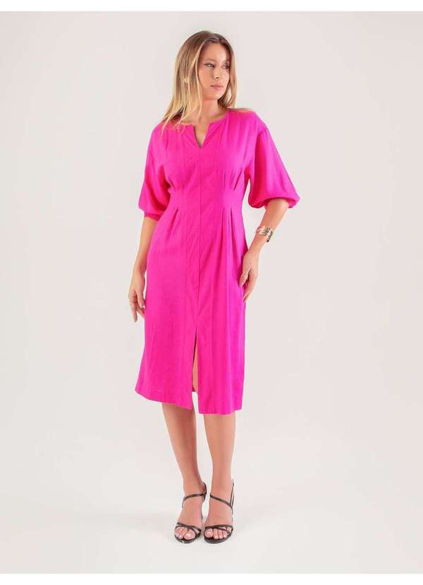 Susie Modas - Vestido Midi Manga 3/4 Feminino Rosa