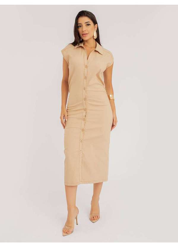 Susie Modas - Vestido Susie Midi com Pregas Jeans Feminino Bege