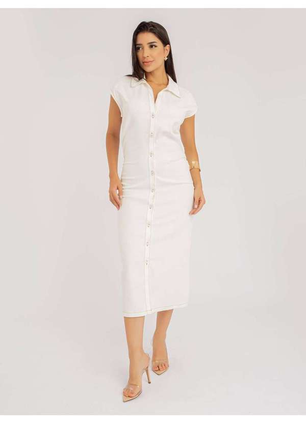 Susie Modas - Vestido Susie Midi com Pregas Jeans Feminino Branco