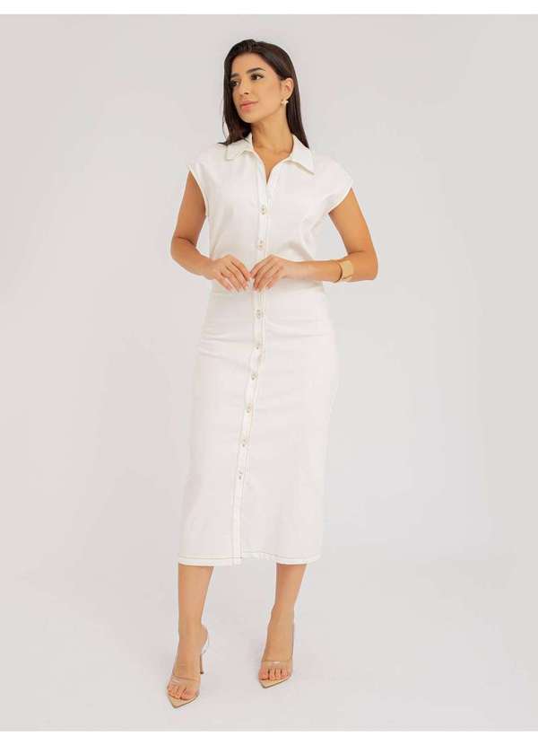 Susie Modas - Vestido Susie Midi com Pregas Jeans Feminino Branco 2