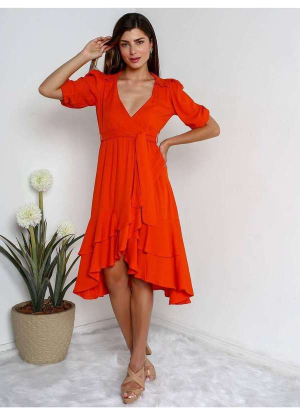 Susie Modas - Vestido Transpassado Babados Feminino Laranja