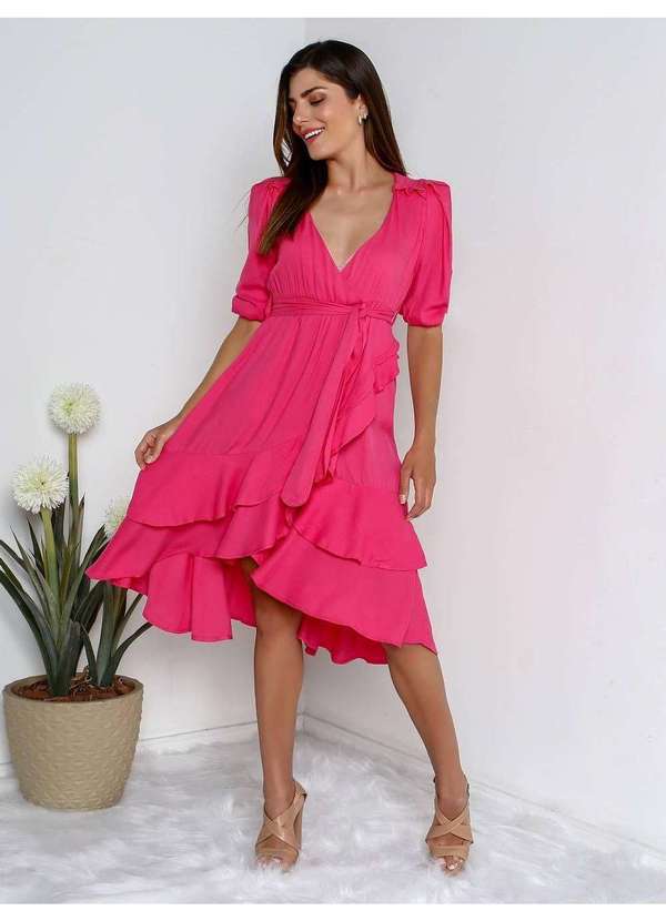Susie Modas - Vestido Transpassado Babados Feminino Rosa