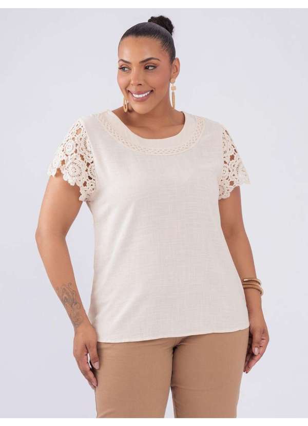 Susie Modas - Blusa Bordada Gola e Ombro Bege