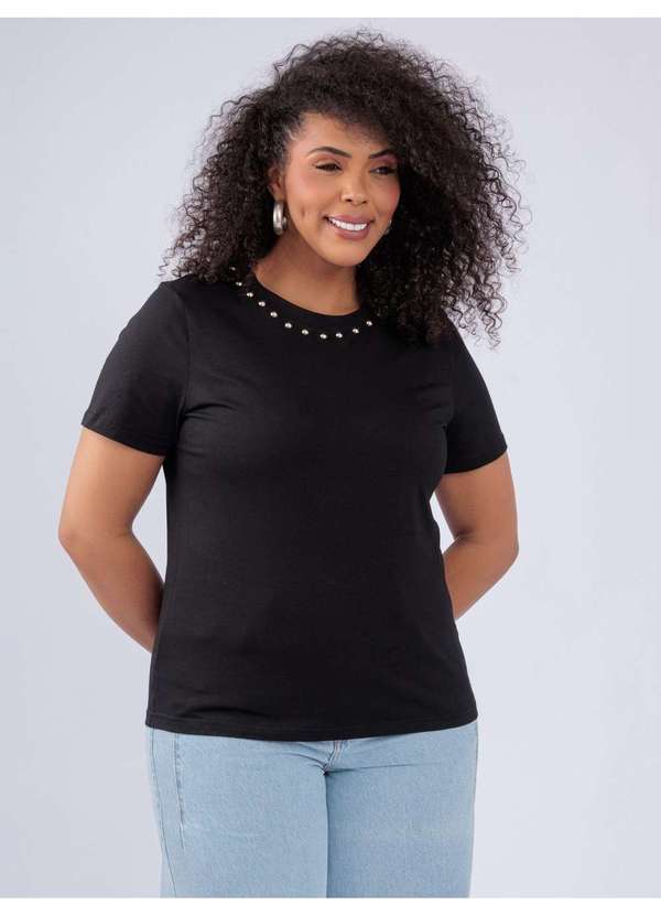 Susie Modas - T-Shirt Detalhe Metalico Gola Rosa Preto 4